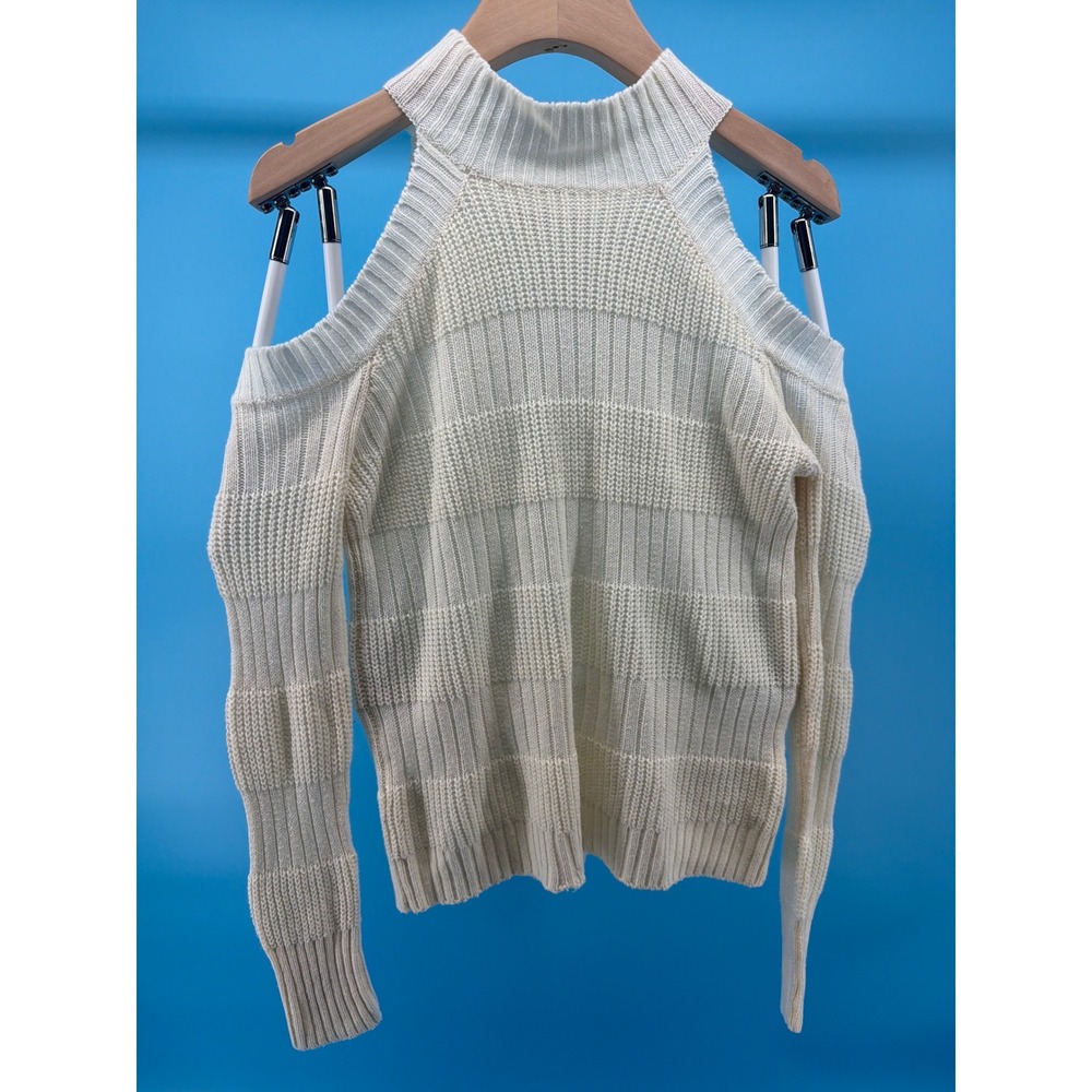 FCT with Love Ivory Cold Shoulder Mock Neck Ribbed Knit Sweater Medium